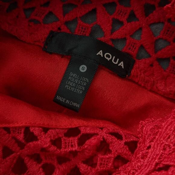 Women's Aqua Eyelet Mini Dress Red Bell Sleeve Geometric Lace Small Mock Neck - Picture 11 of 11